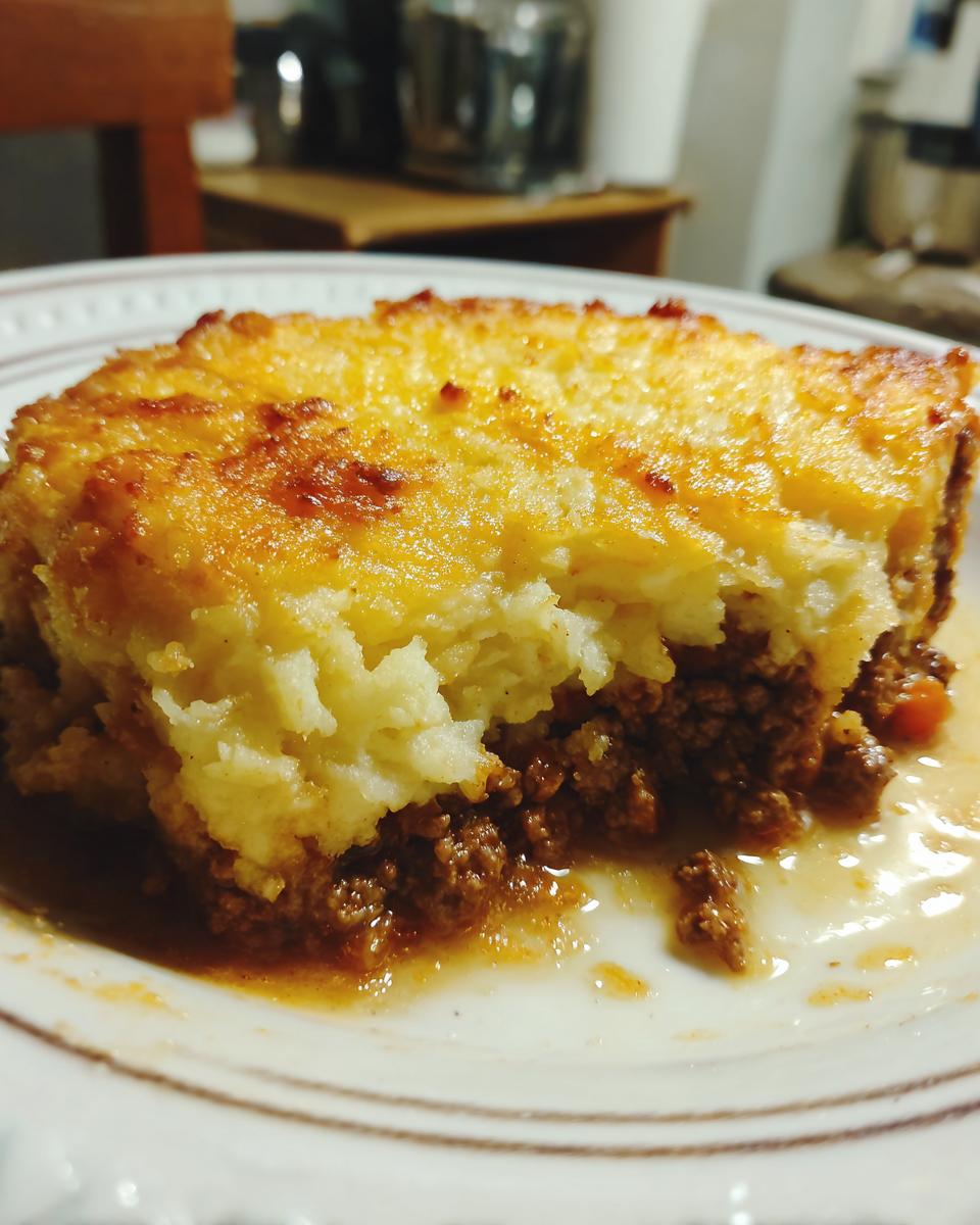 A close-up of a delicious slice of Shepherd's Pie with Ground Beef, showing the golden mashed potato topping and savory meat filling.
