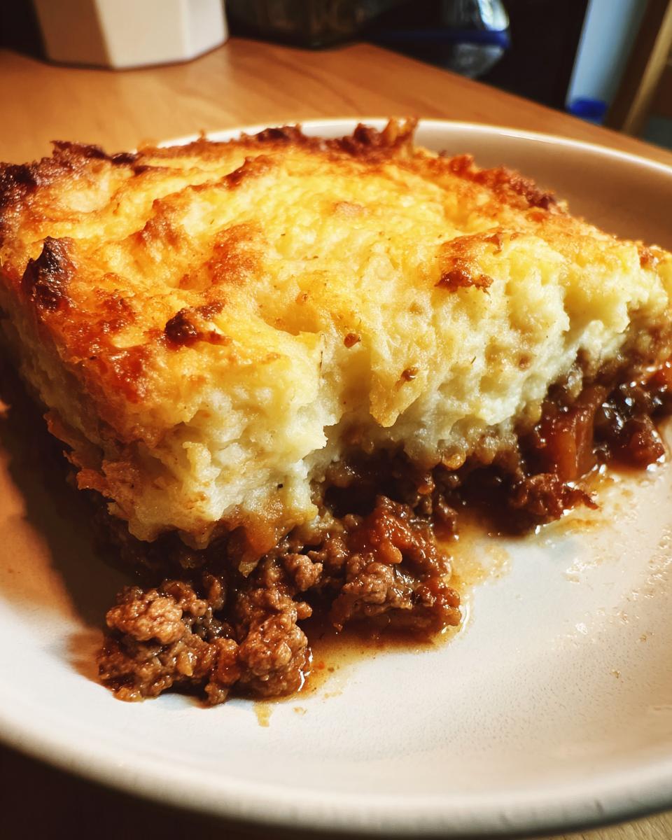 A hearty slice of Shepherd's Pie with Ground Beef, featuring a golden-brown mashed potato topping and rich beef filling.