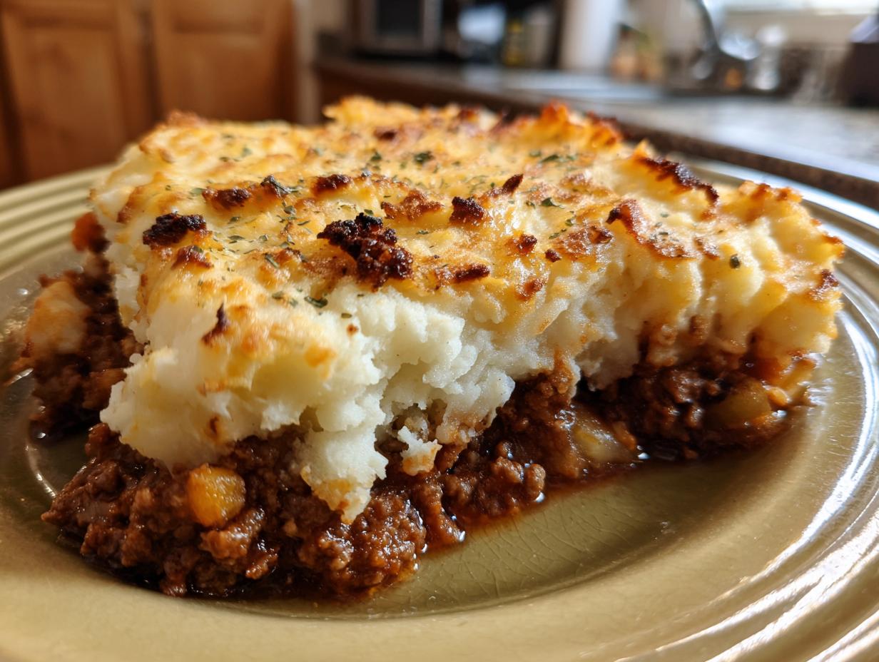 A close-up of a hearty slice of Shepherd's pie with ground beef, topped with fluffy mashed potatoes and golden-brown crust.