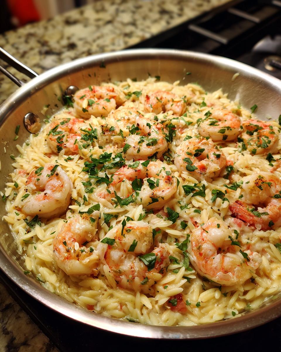 A close-up of shrimp orzo in a lemon garlic sauce, garnished with fresh parsley.