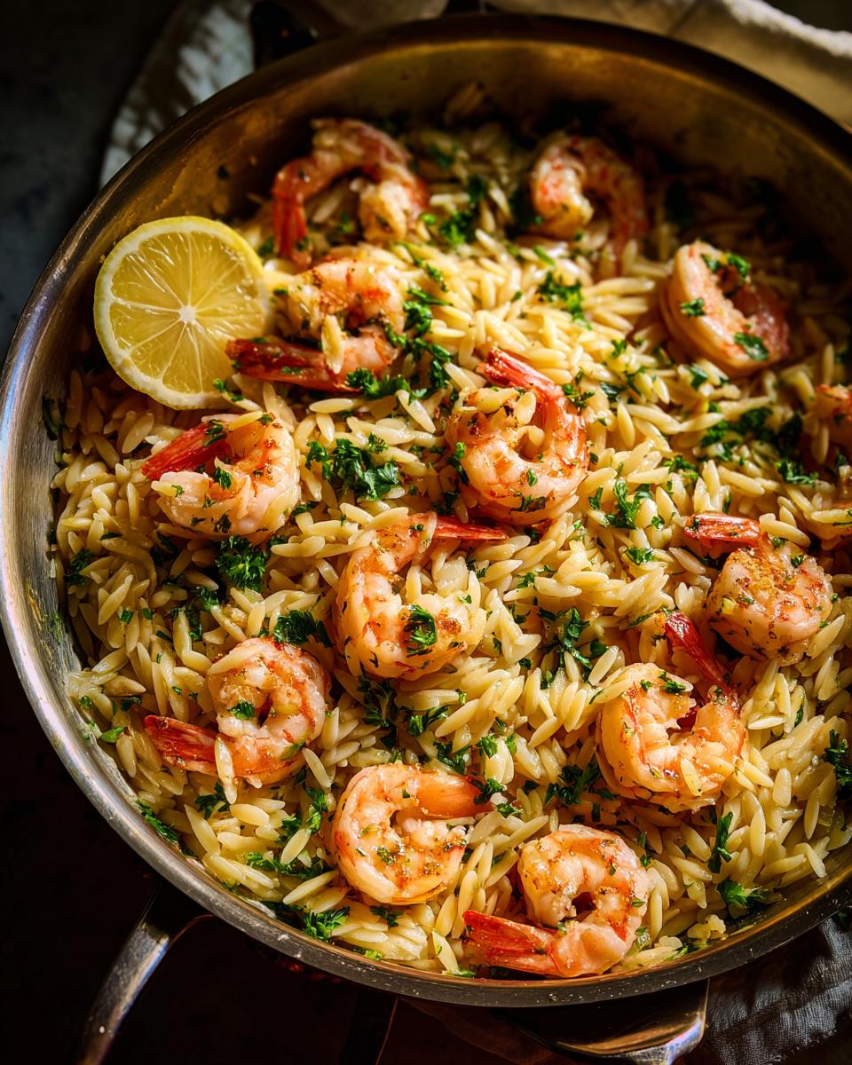 Close-up of shrimp orzo in lemon garlic sauce, garnished with fresh parsley and a lemon slice.