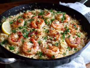 A close-up of pan-seared shrimp served over creamy orzo pasta in a lemon garlic sauce, garnished with parsley.