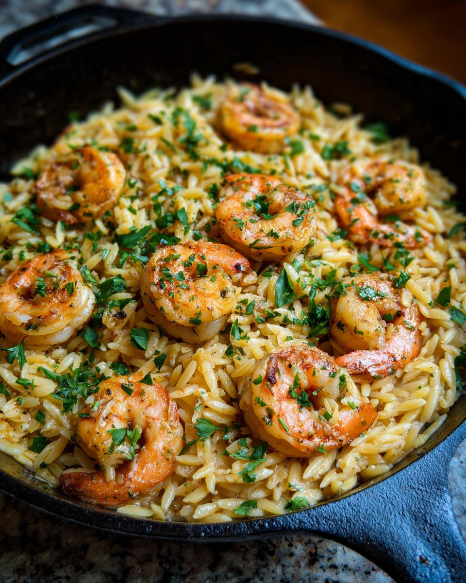 A close-up of shrimp orzo in lemon garlic sauce, garnished with fresh parsley, served in a cast iron skillet.