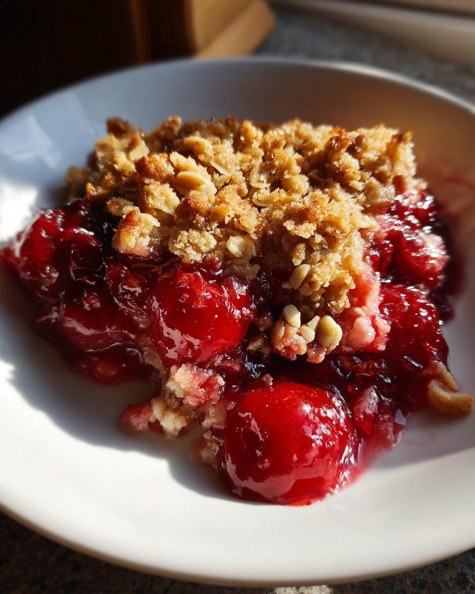 A close-up of a serving of sour cherry crisp in a white bowl, showing juicy cherries and a golden crumble topping.