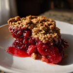 A close-up of a slice of sour cherry crisp on a white plate, showing the juicy red cherries and crumb topping.