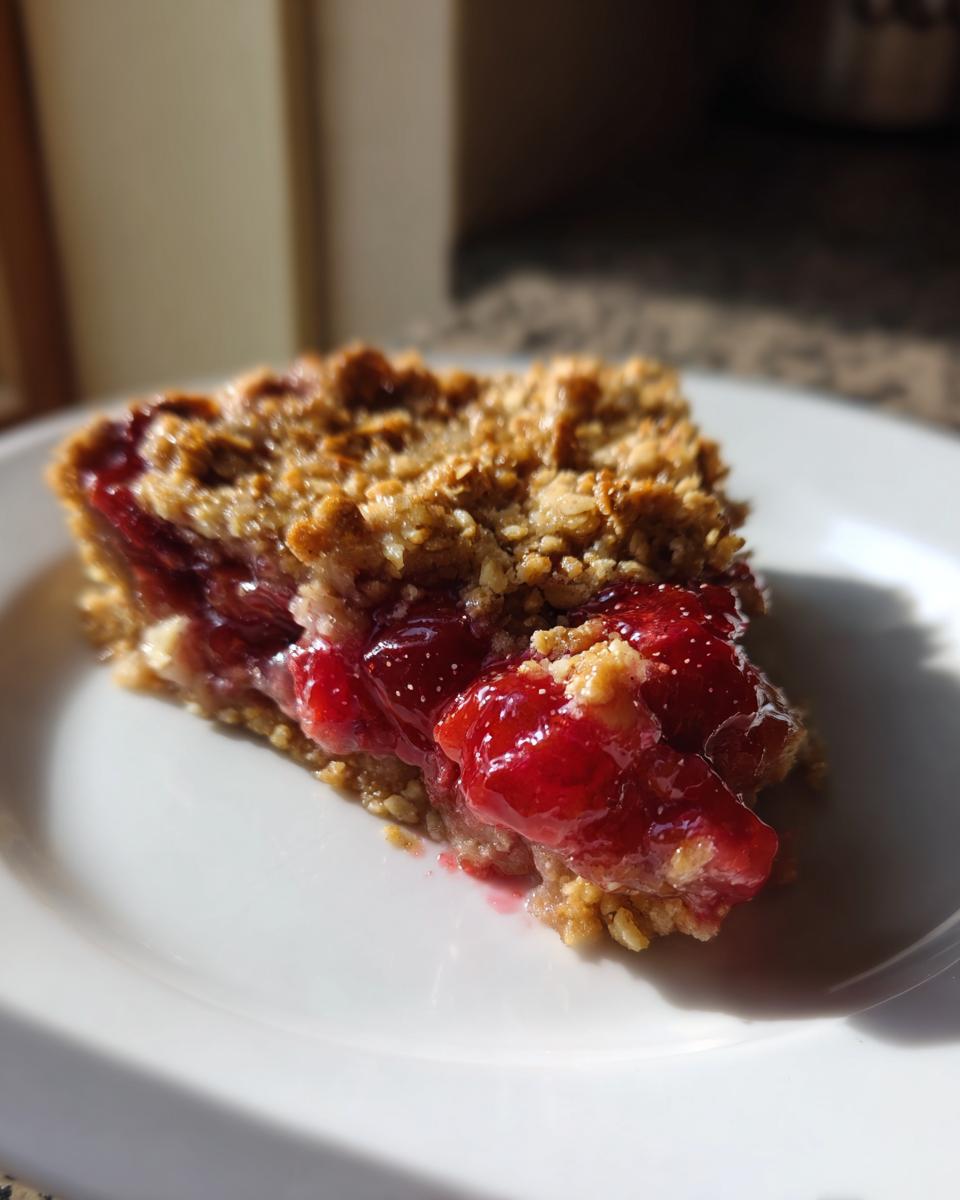 A close-up of a slice of sour cherry crisp on a white plate, showing the bubbly cherry filling and crumb topping.