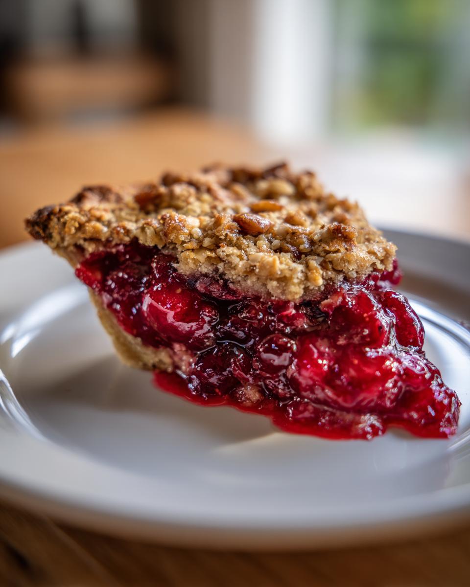 A close-up of a slice of sour cherry crisp on a white plate, showing the juicy cherry filling and crumb topping.