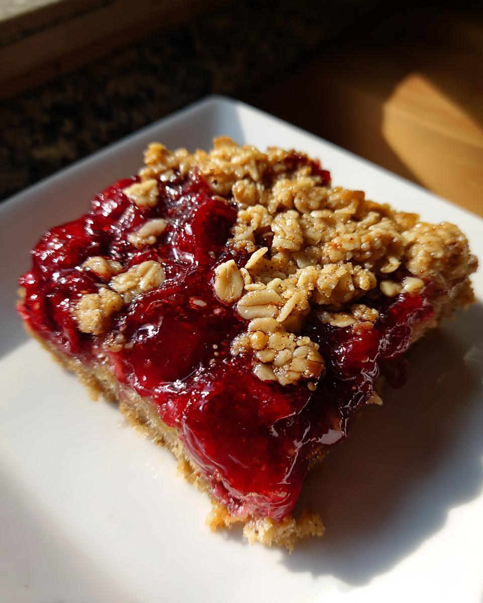 A close-up of a slice of sour cherry crisp on a white plate, showing the glossy cherry filling and oat topping.