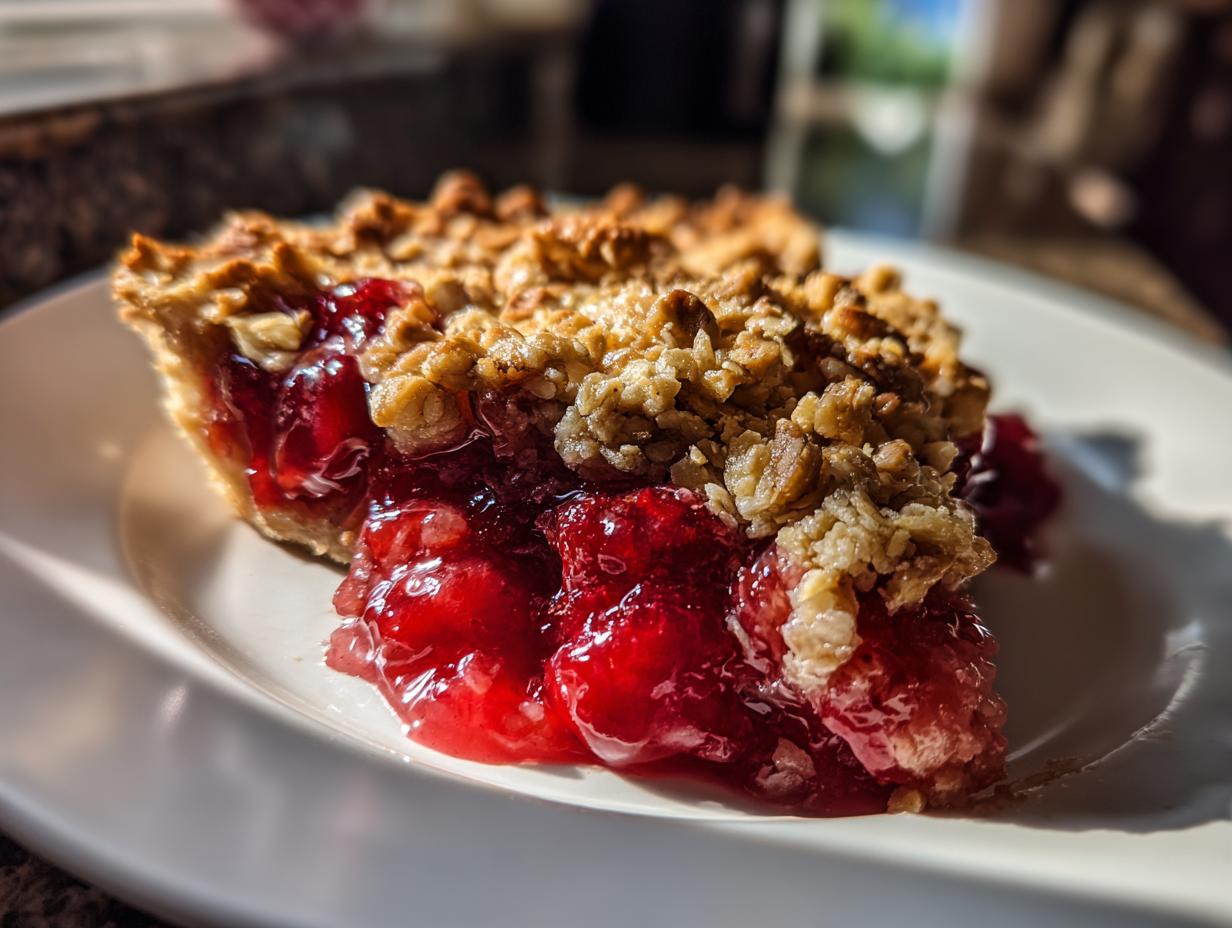 A close-up of a slice of sour cherry crisp on a white plate, showing the juicy red cherry filling and crunchy oat topping.