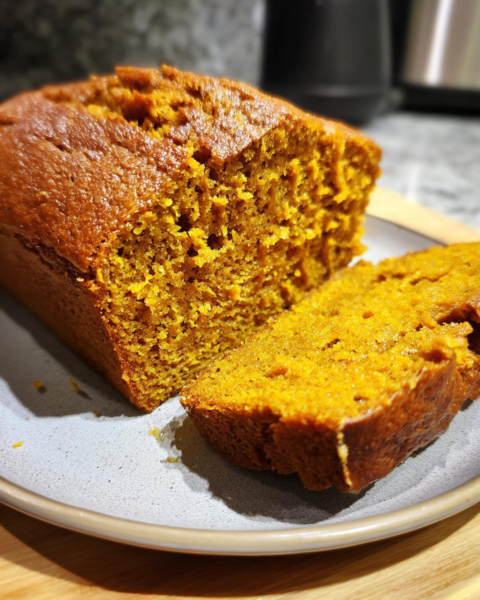 A close-up of a freshly baked sourdough pumpkin bread loaf with one slice cut.