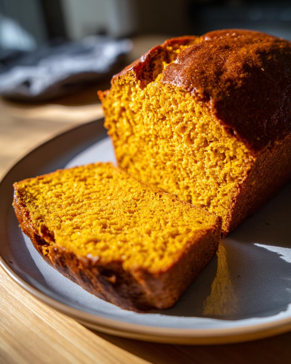 A close-up of a slice of moist sourdough pumpkin bread on a gray plate, showcasing its vibrant orange hue and tender crumb.