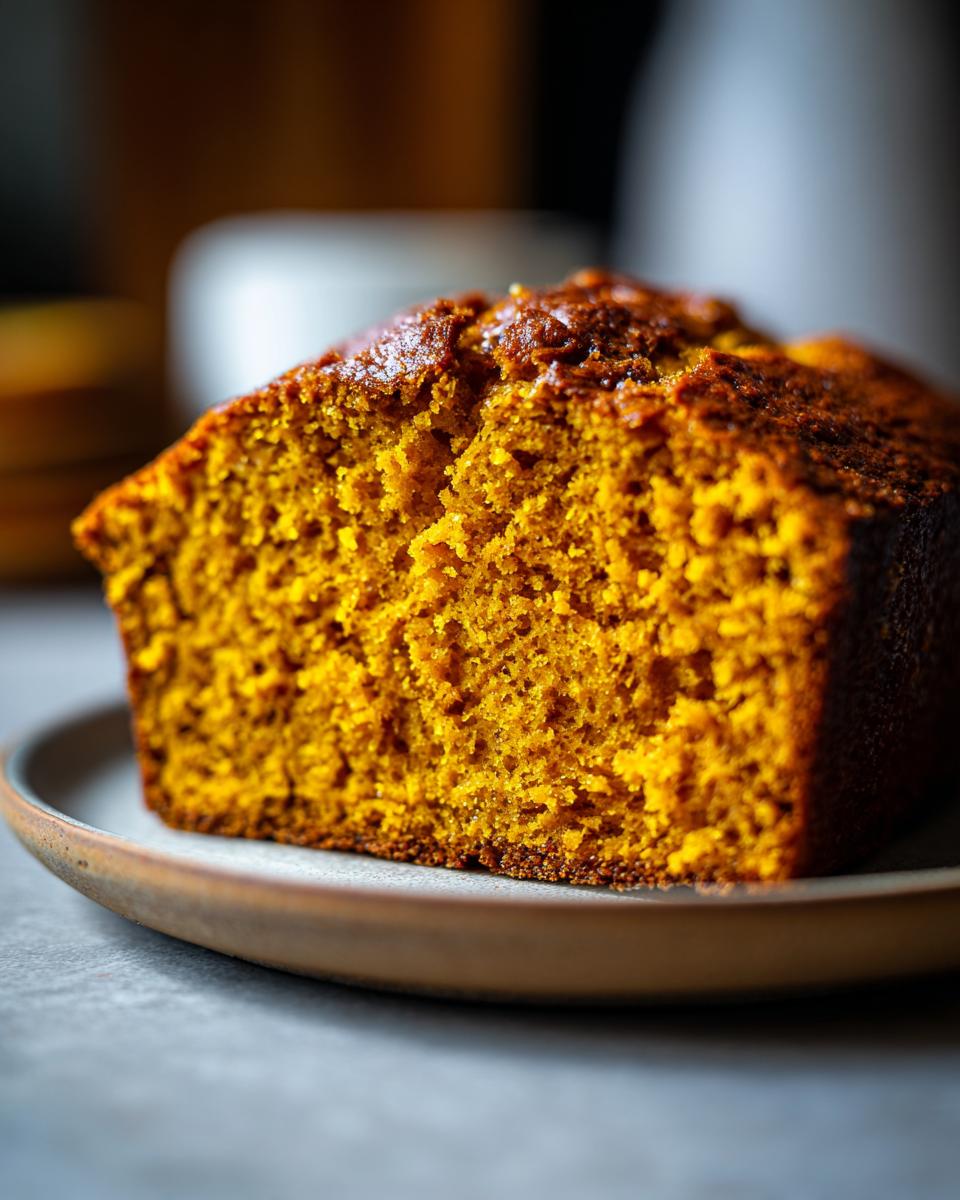 Close-up of a slice of moist sourdough pumpkin bread on a plate, showcasing its vibrant orange color and tender crumb.