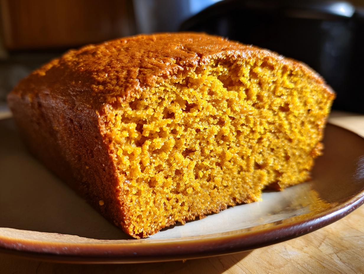 A close-up view of a moist slice of sourdough pumpkin bread on a rustic plate.