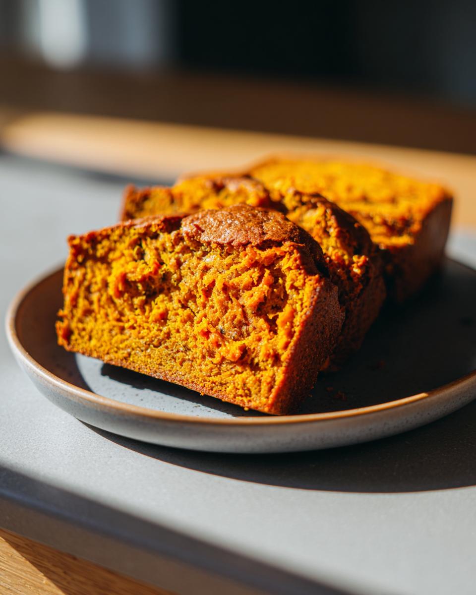 Three moist slices of sourdough pumpkin bread stacked on a grey plate, showcasing the rich orange color and texture.