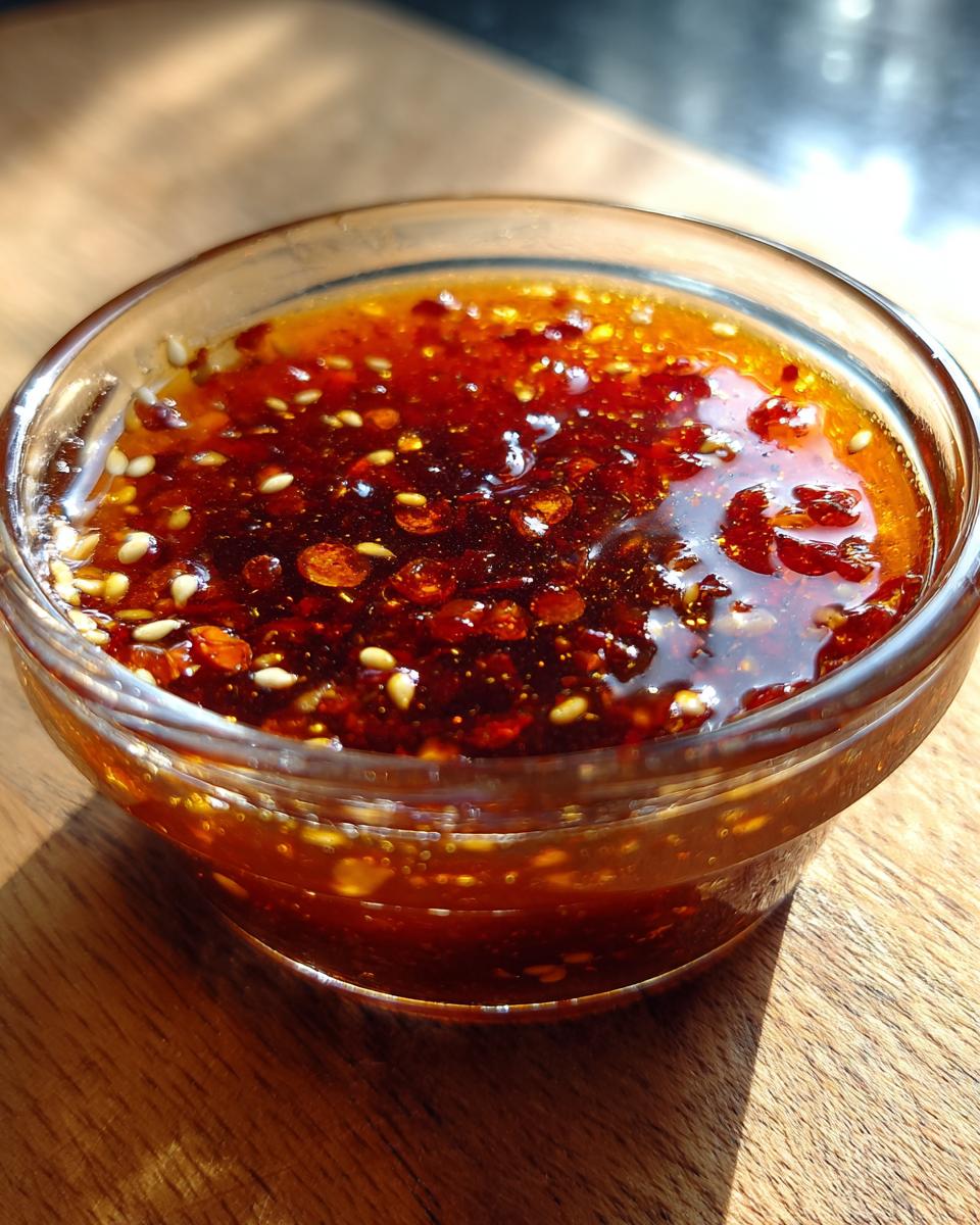 Close-up of a rich, reddish-brown dumpling sauce with visible chili flakes and sesame seeds in a clear glass bowl.