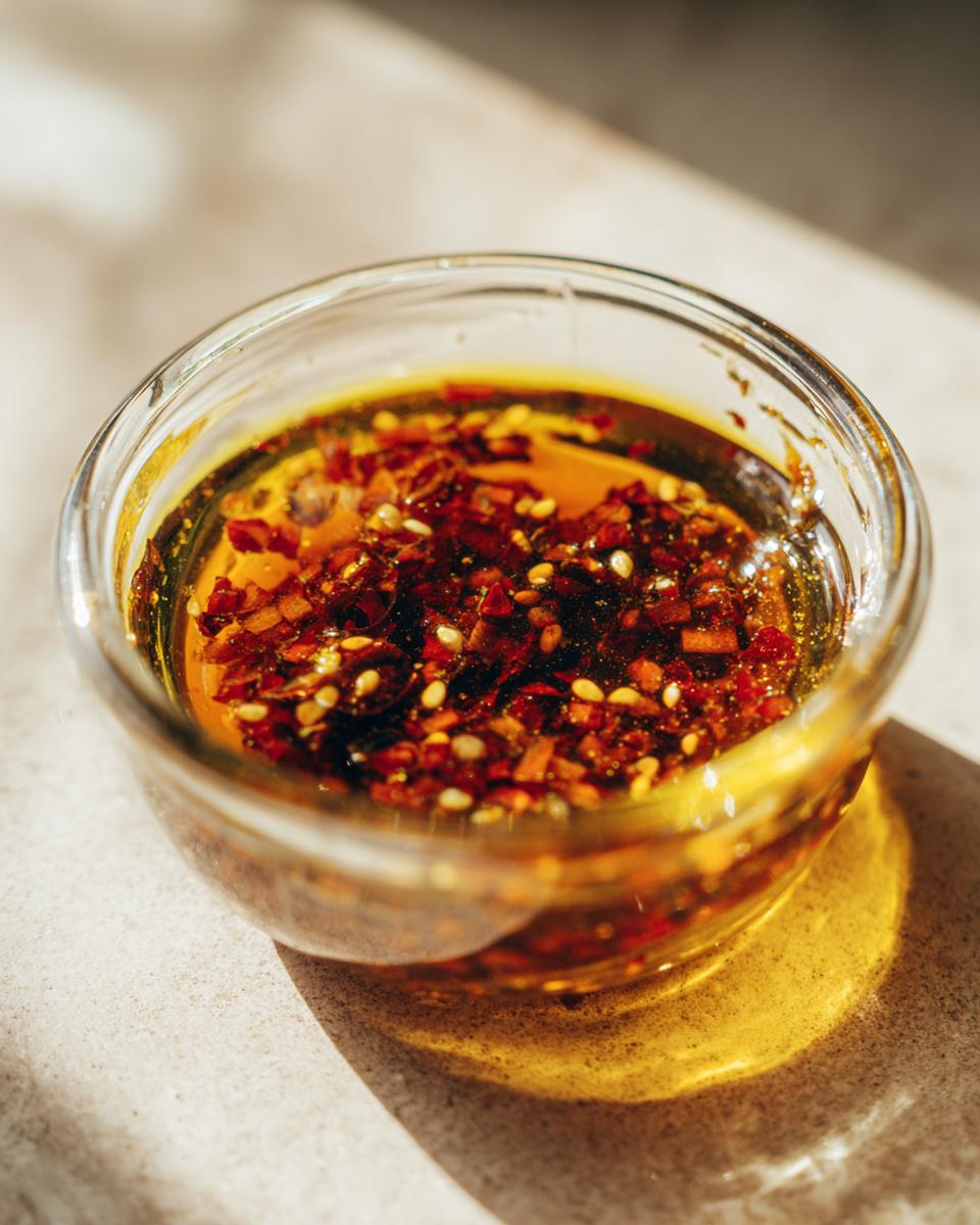 Close-up of a glass bowl filled with a vibrant, spicy dumpling sauce with chili flakes and sesame seeds.
