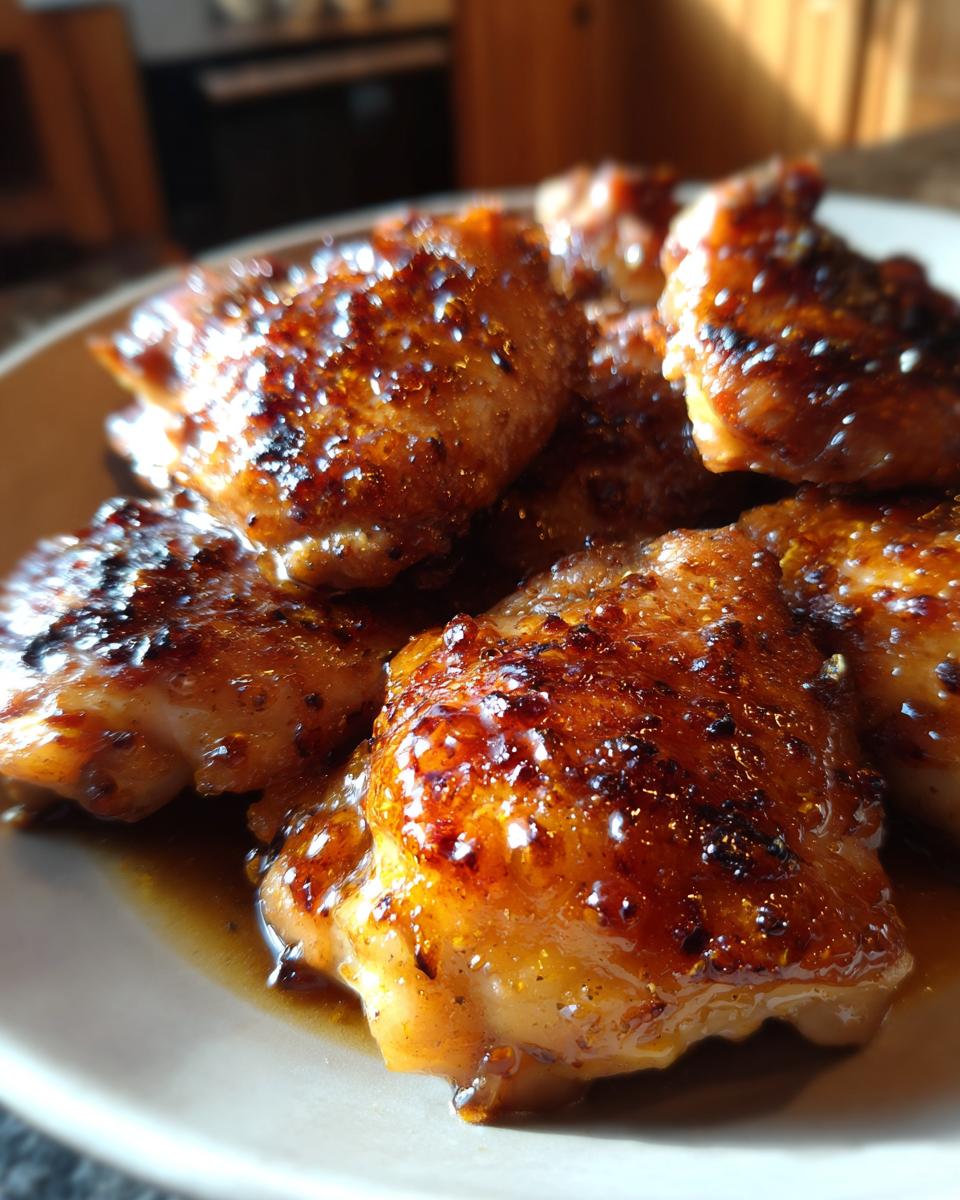 Close-up of glistening, caramelized spicy honey lime chicken pieces on a plate.