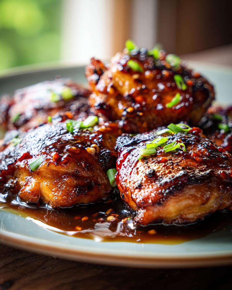 Close-up of glistening spicy honey lime chicken thighs, garnished with chopped green onions.