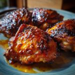 Close-up of glistening spicy honey lime chicken thighs on a plate, showing caramelized glaze and crispy skin.