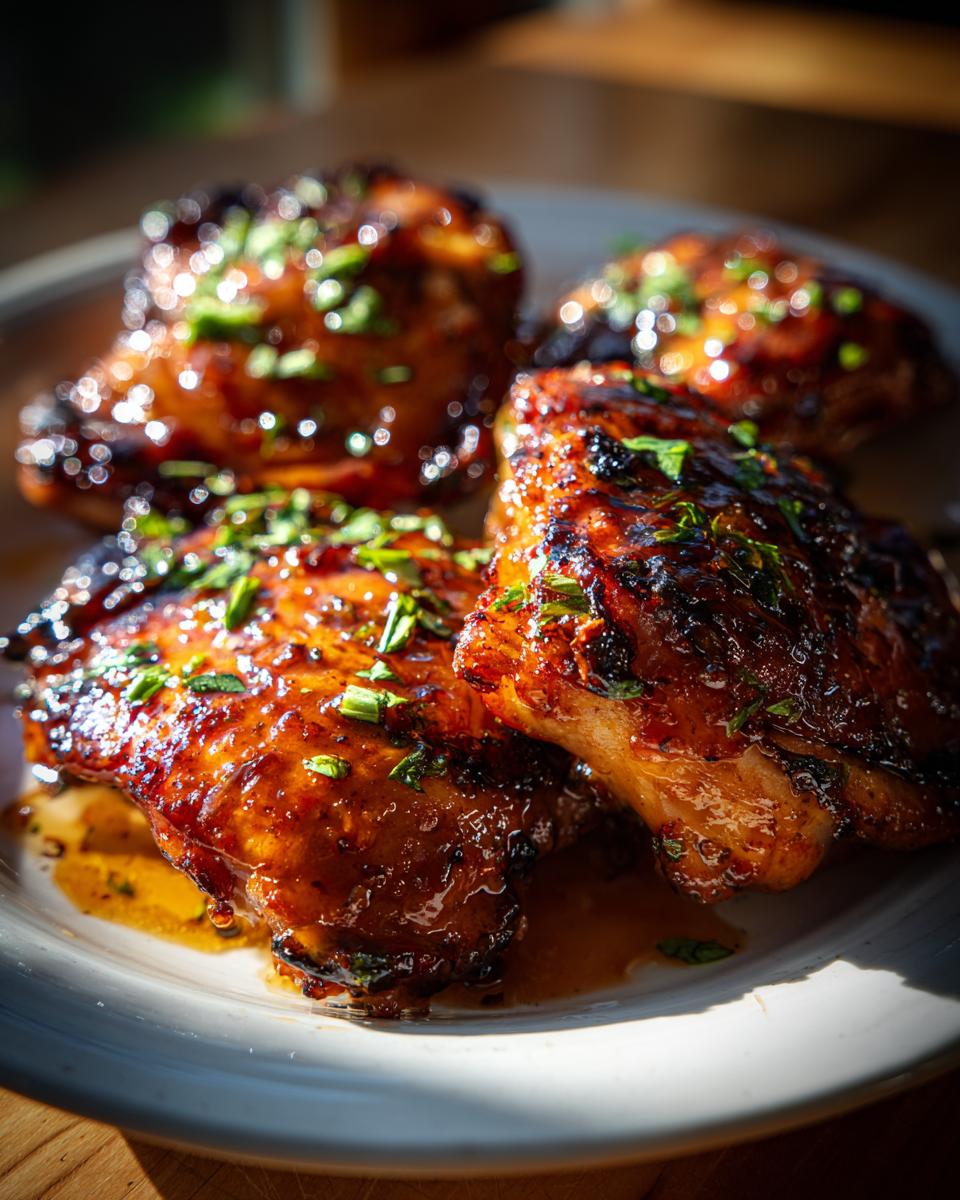 Close-up of glazed spicy honey lime chicken thighs, garnished with chopped herbs.