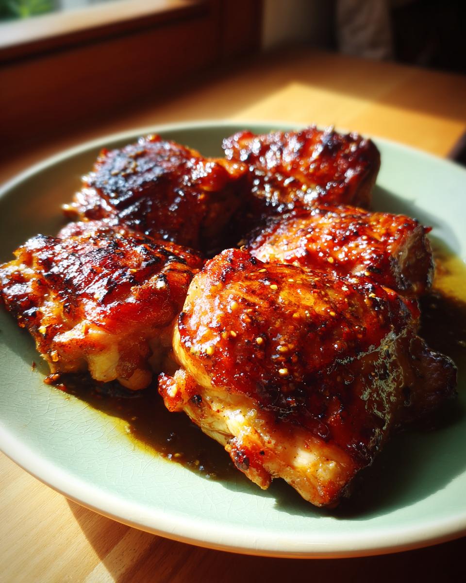 Close-up of glazed spicy honey lime chicken thighs on a light green plate, glistening in sunlight.