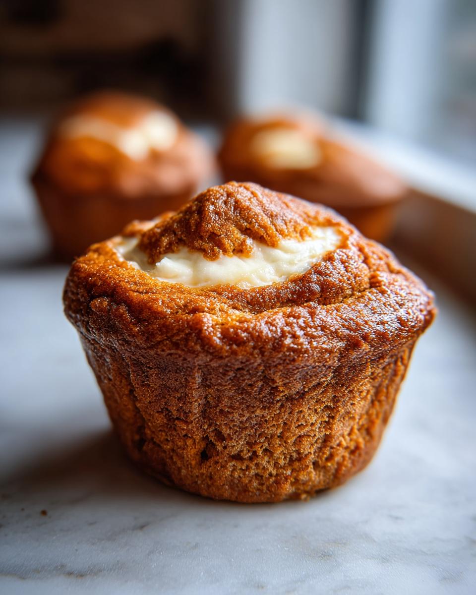 Close-up of a Starbucks Pumpkin Cream Cheese Muffin with a creamy center and golden-brown top.