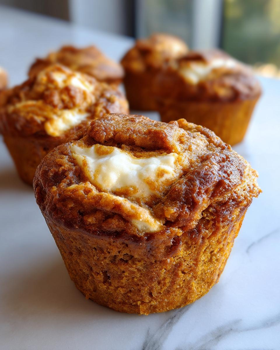 Close-up of a Starbucks Pumpkin Cream Cheese Muffin with a swirl of cream cheese filling.