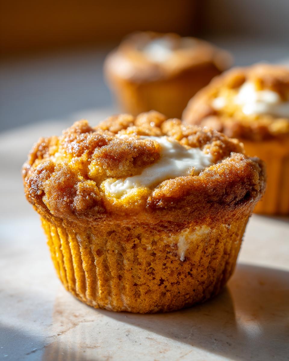Close-up of a Starbucks Pumpkin Cream Cheese Muffin with a creamy center and crumb topping.