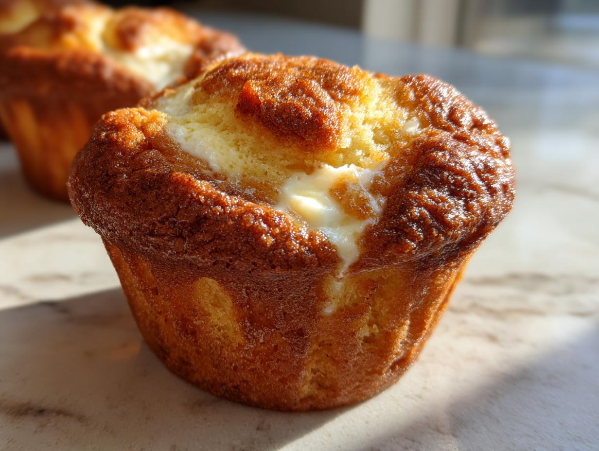Close-up of a delicious Starbucks Pumpkin Cream Cheese Muffin with a golden-brown crust and creamy filling.