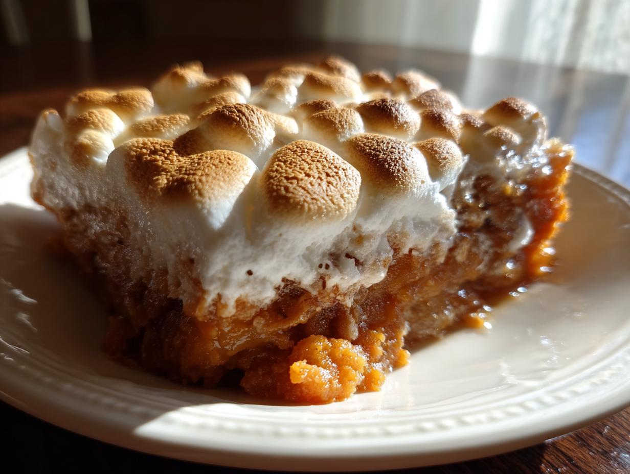 A close-up of a slice of sweet potato casserole topped with toasted marshmallows on a white plate.