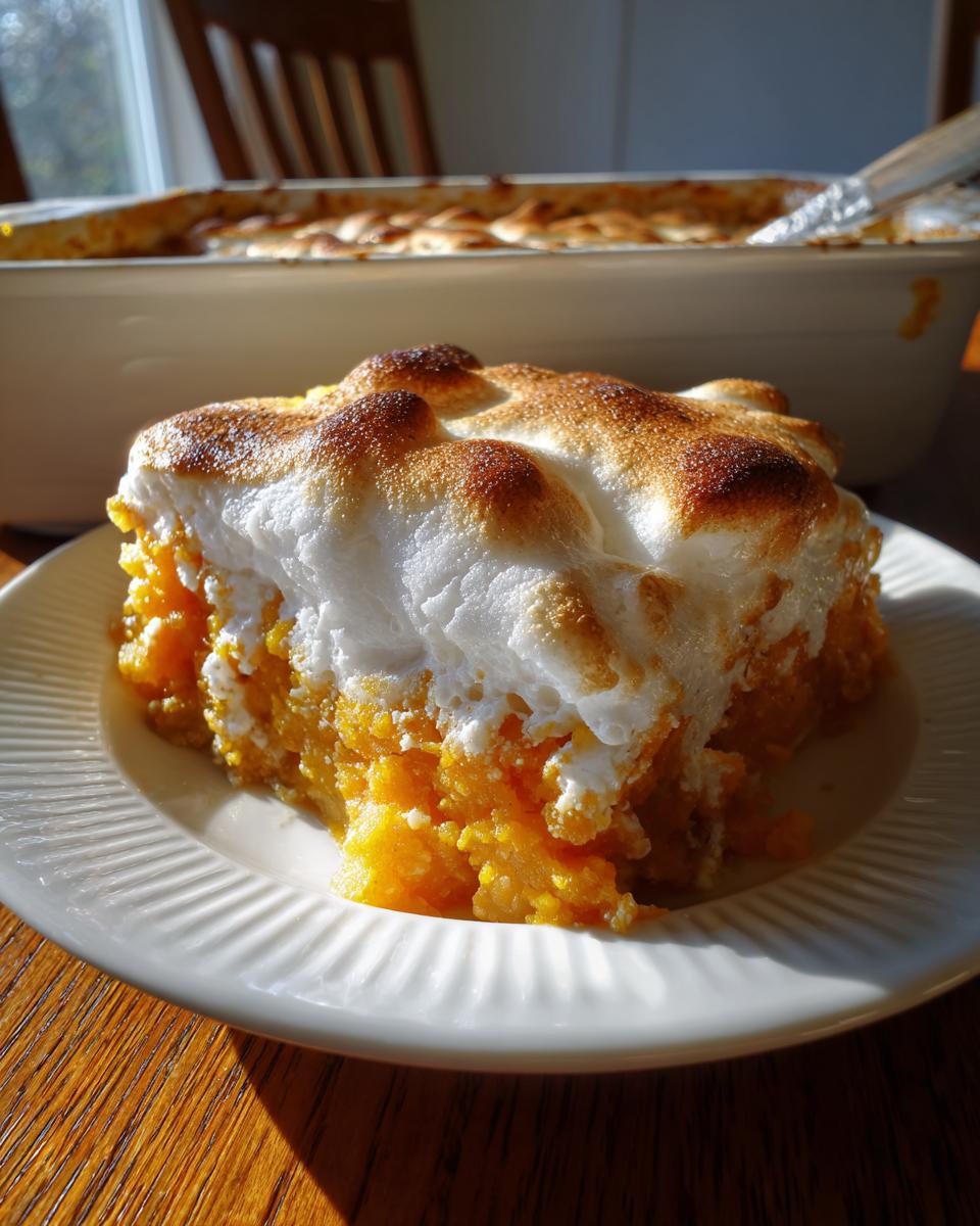 A close-up of a slice of sweet potato casserole topped with toasted meringue on a white plate.