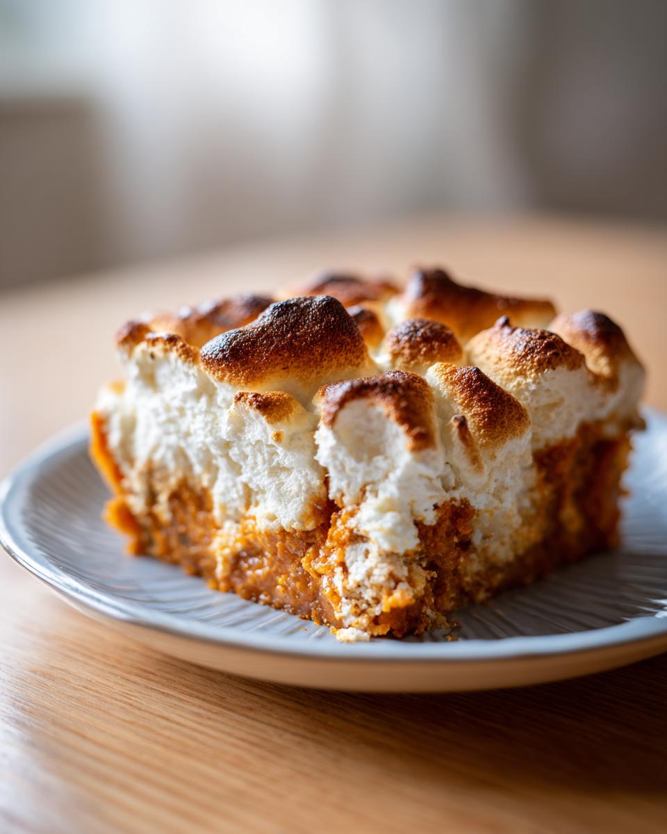 A close-up of a slice of sweet potato casserole topped with toasted meringue on a plate.