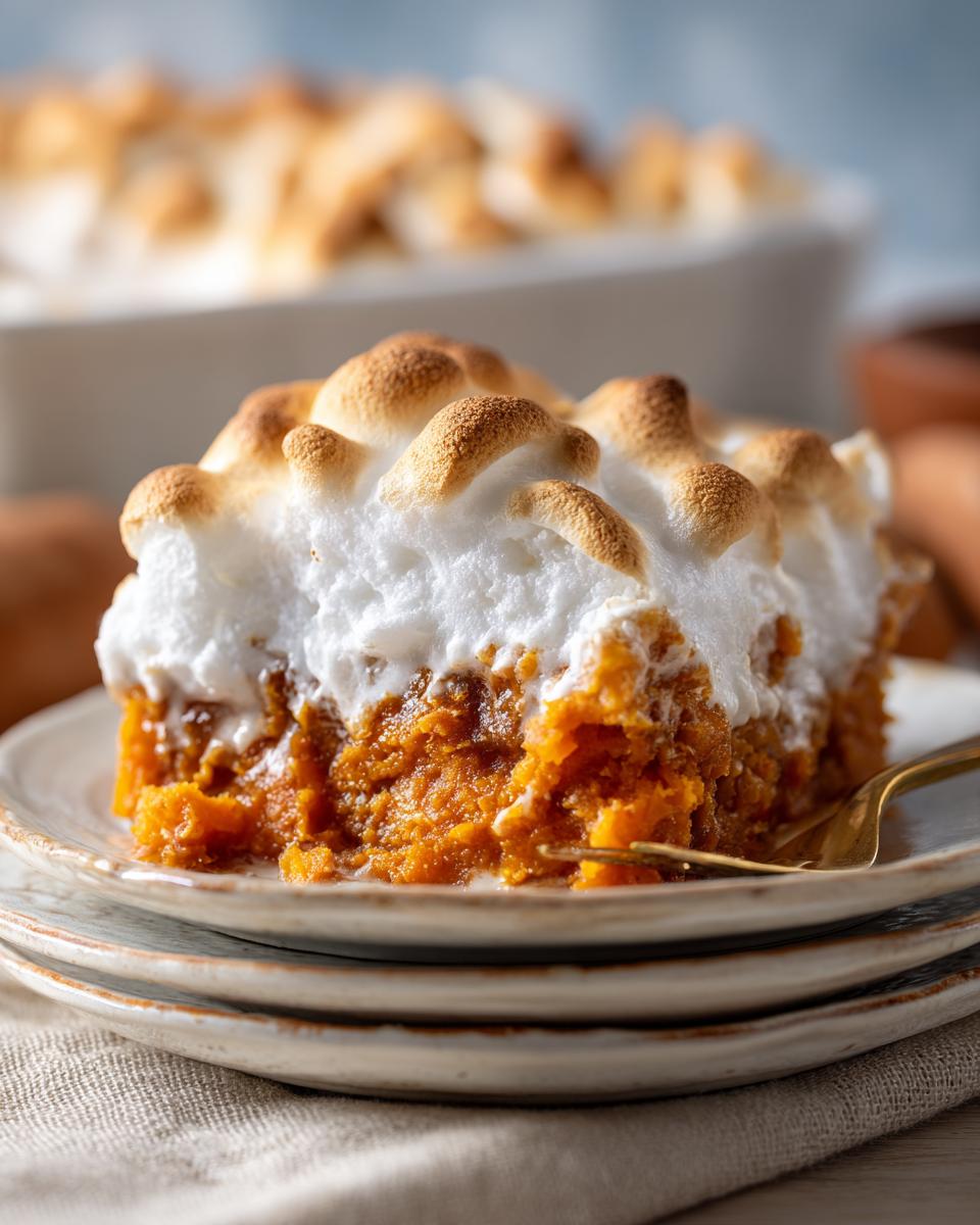A slice of sweet potato casserole topped with fluffy, toasted meringue on a plate.