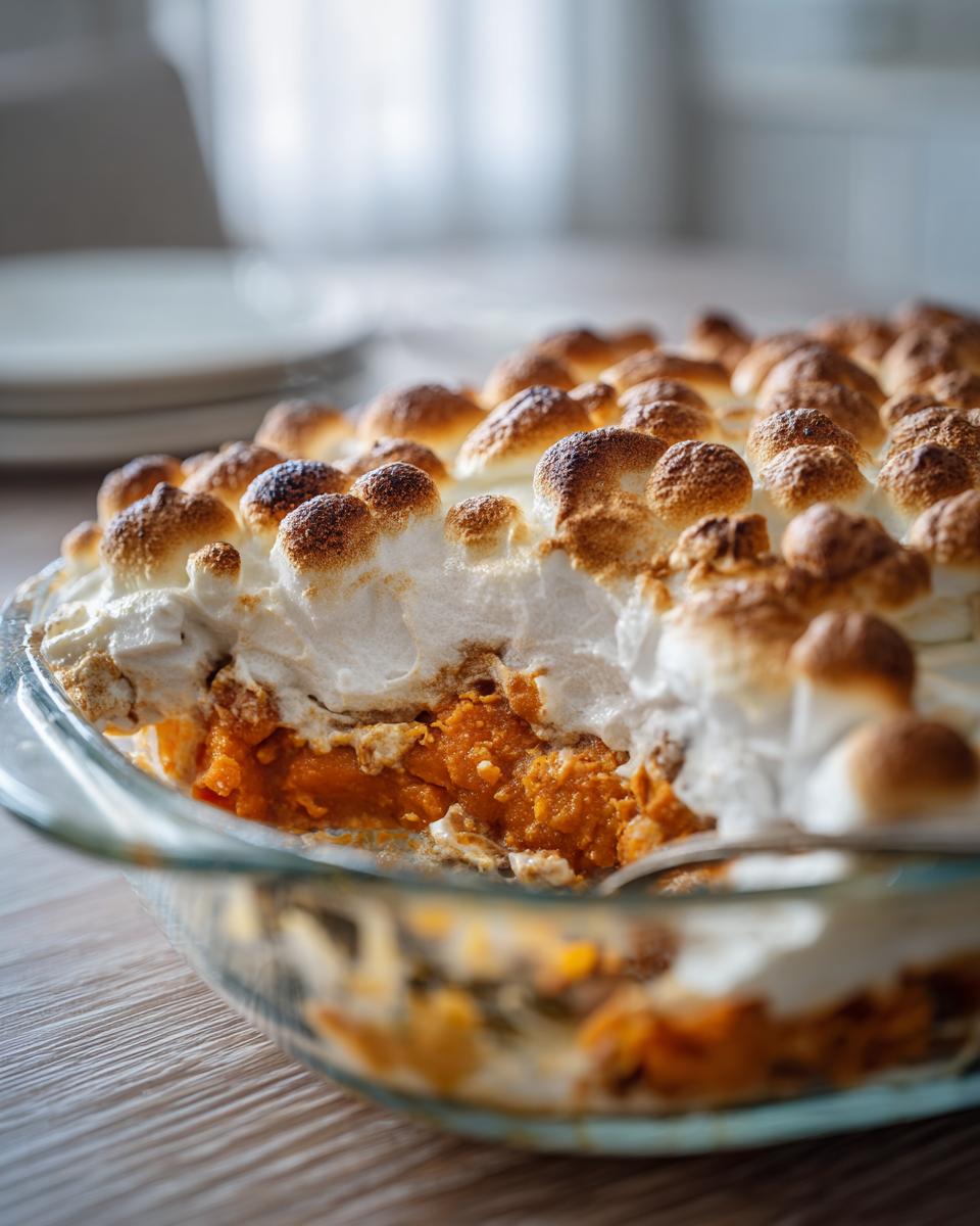 A close-up of a glass baking dish filled with sweet potato casserole topped with golden-brown toasted meringue.
