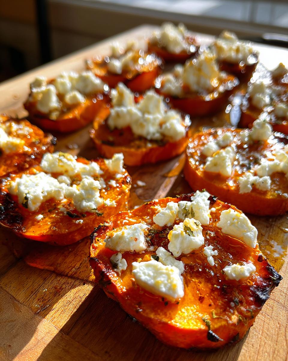Close-up of roasted sweet potato rounds topped with crumbled feta cheese and drizzled with honey.