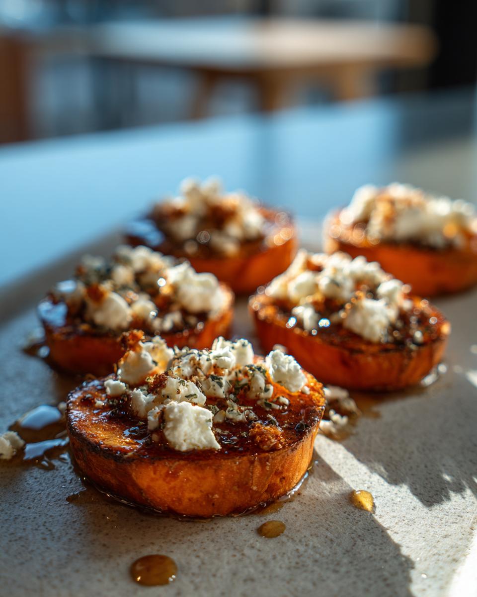 Close-up of sweet potato rounds topped with crumbled feta cheese, herbs, and drizzled with honey.