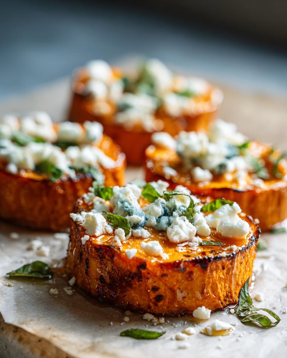 Close-up of roasted sweet potato rounds topped with crumbled feta cheese, fresh herbs, and a drizzle of honey.