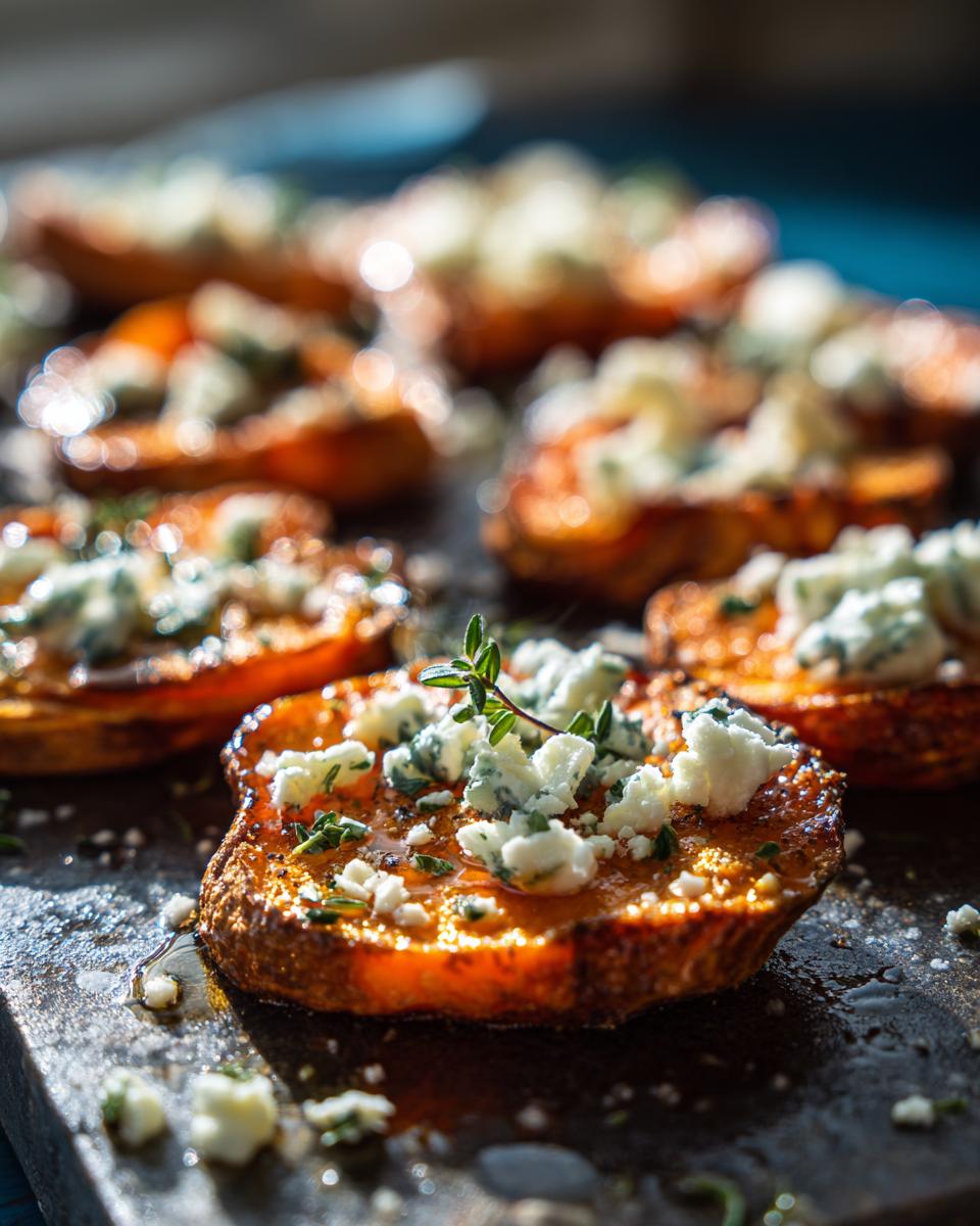 Close-up of baked sweet potato rounds topped with crumbled feta cheese, fresh herbs, and a drizzle of honey.