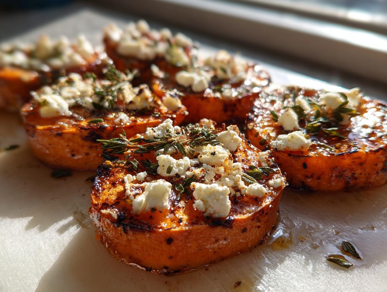 Close-up of roasted sweet potato rounds topped with crumbled feta cheese and fresh herbs, drizzled with honey.