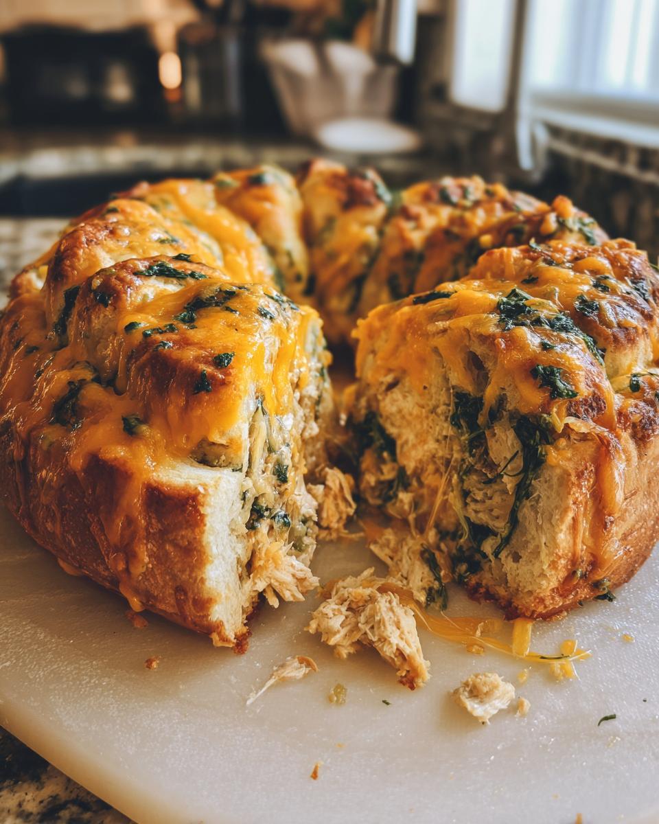 A close-up of a Thanksgiving Crescent Ring, showing shredded chicken and melted cheese filling.