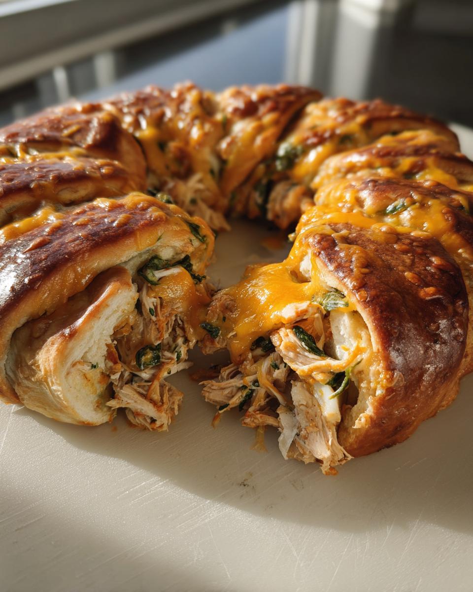 A golden-brown Thanksgiving crescent ring filled with shredded chicken, spinach, and melted cheddar cheese.
