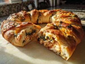 A golden brown Thanksgiving crescent ring, sliced to reveal shredded chicken and melted cheese filling, sprinkled with herbs.