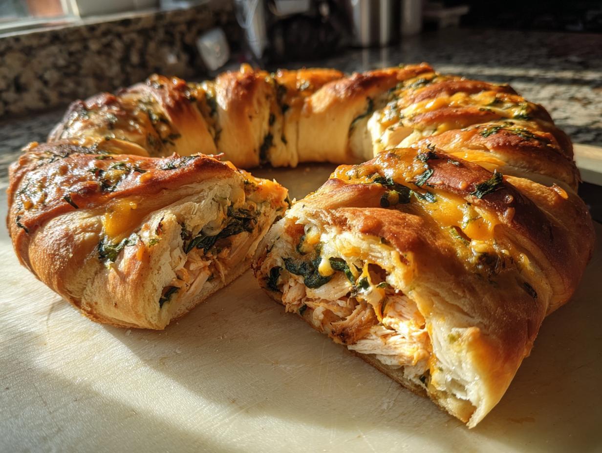 A golden brown Thanksgiving crescent ring, sliced to reveal shredded chicken and melted cheese filling, sprinkled with herbs.