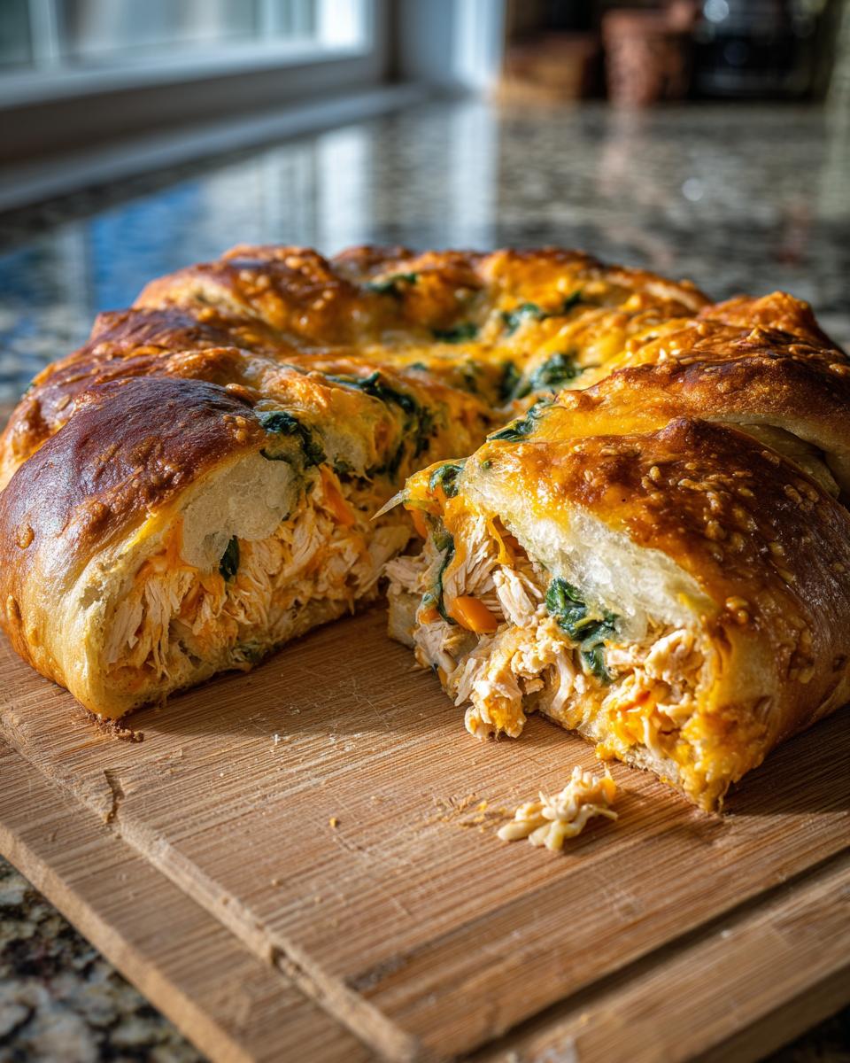 A close-up of a Thanksgiving crescent ring sliced open, revealing shredded chicken and spinach filling.