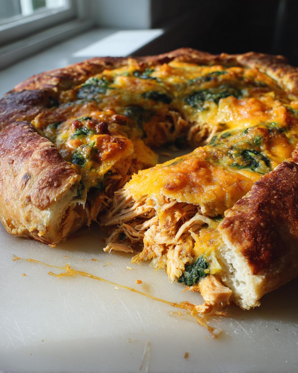 A slice of Thanksgiving crescent ring filled with shredded chicken, melted cheese, and spinach.