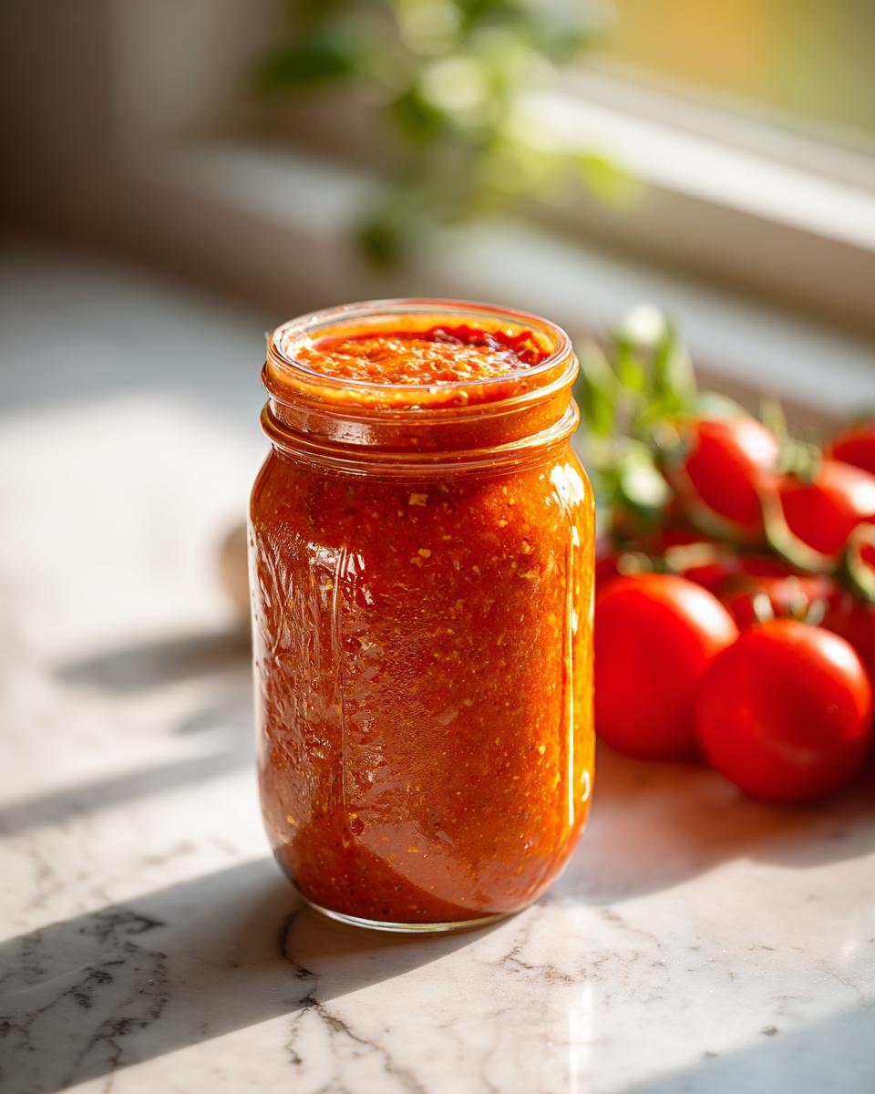 A close-up of a mason jar filled with vibrant homemade tomato salsa, with fresh tomatoes in the background. Perfect for a tomato salsa canning recipe.
