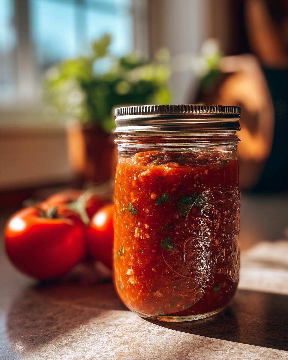 A clear glass jar filled with vibrant, chunky tomato salsa, next to fresh tomatoes, ready for canning.