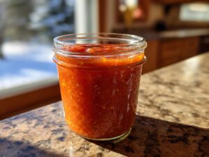 A glass jar filled with vibrant, homemade tomato salsa, ready for canning. Perfect for our tomato salsa canning recipe.