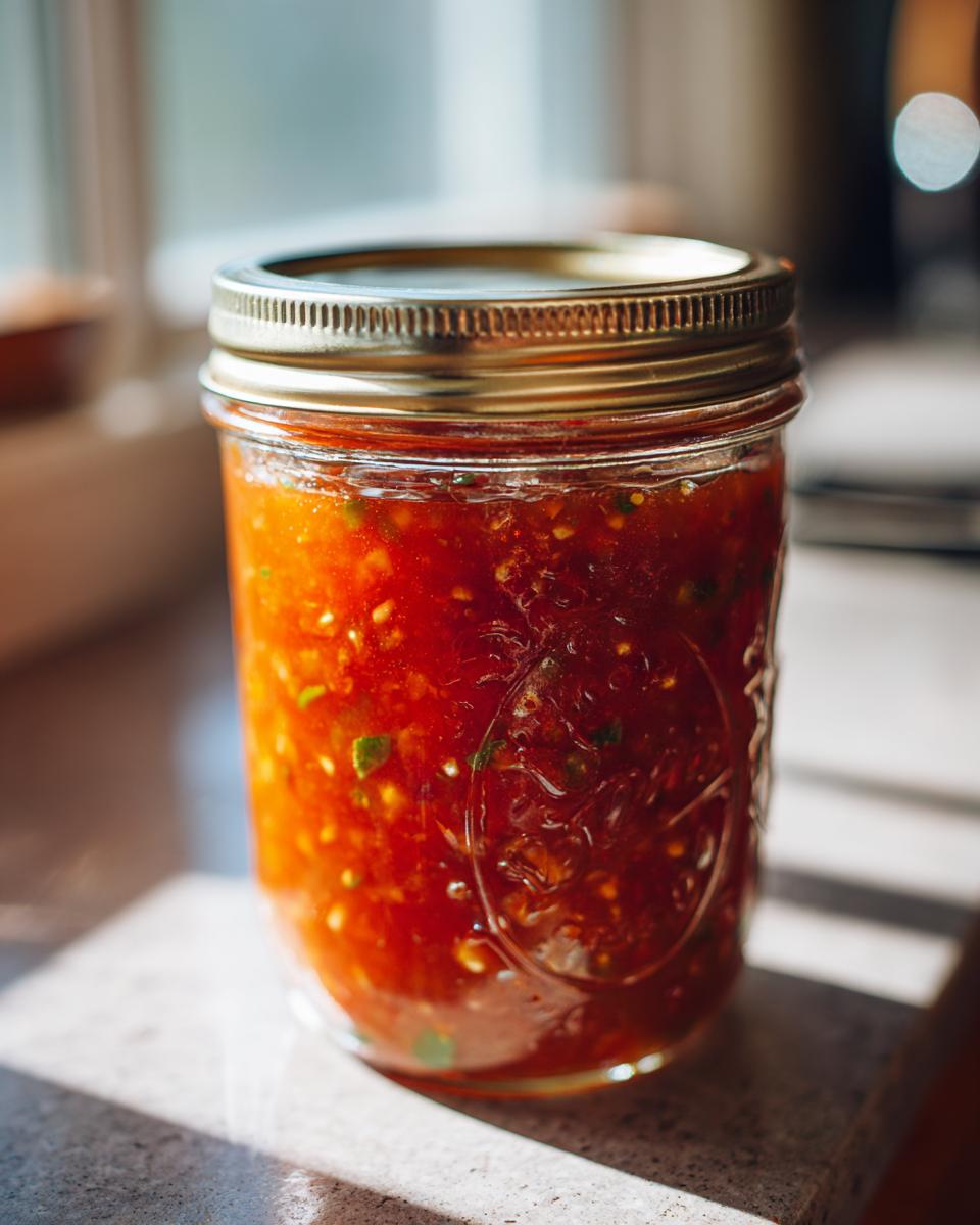 A close-up of a glass jar filled with vibrant, chunky tomato salsa, ready for canning.