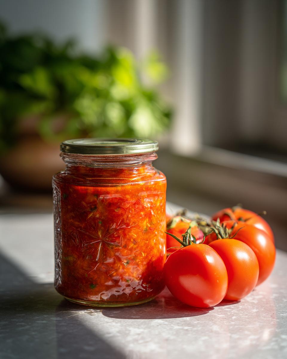 A sealed jar of vibrant red tomato salsa canning recipe, next to fresh ripe tomatoes.